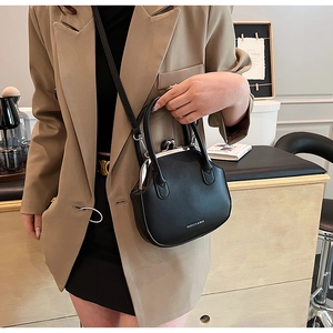 Chic black shell bag shown on model with gold clasp detail and minimalist text