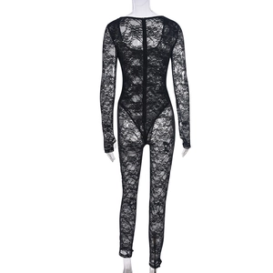 Detailed back view of black lace long sleeve bodysuit with floral patterns and zipper