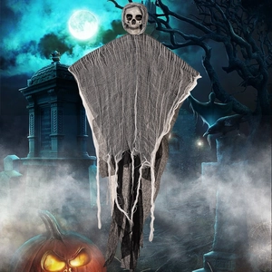 Halloween Hanging Ghost Decoration Plastic Skeleton Head Gauze Fabric Spooky Haunted House Party Yard Prop