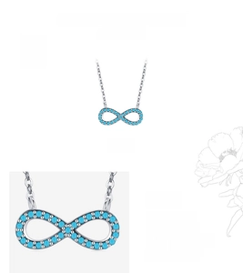 Macro view of S925 sterling silver infinity pendant set with blue turquoise stones