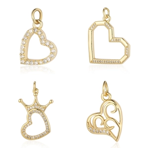 Set of gold heart and crown zircon pendants for DIY jewelry making in a 4-grid layout