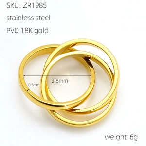 Detail of three-layer intertwined 18k gold plated stainless steel ring with dimensions