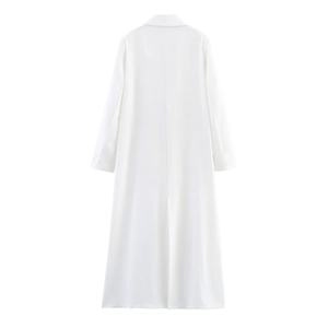 Minimalist white long trench coat for women, rear view with notch lapel and back slit detail