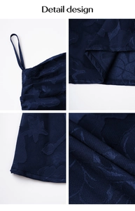 Détails du design montrant la texture jacquard bleu foncé et les fines bretelles