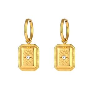 Vintage gold hexagram earrings with rectangle pendants and white zircon center