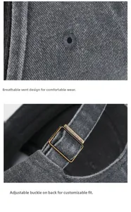Detail of washed grey baseball cap showing brass buckle and breathable eyelets