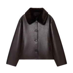 Women Faux Leather Jacket With Faux Fur Collar Reversible Short Button Down Casual Winter Chic Outerwear