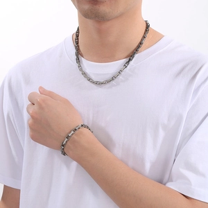Unisex stainless steel thick box chain necklace and bracelet set in silver finish