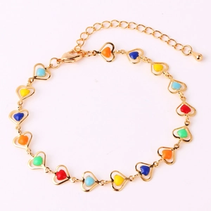 Colorful enamel heart link bracelet in gold finish with adjustable extender chain