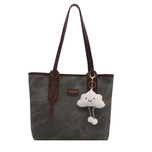 Minimalist large capacity dark grey tote bag with brown leather handles and cloud pendant
