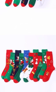 Detail view of festive Christmas crew socks featuring Santa and reindeer knit patterns