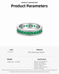 Macro view of S925 sterling silver ring featuring 5A emerald-cut green zircons
