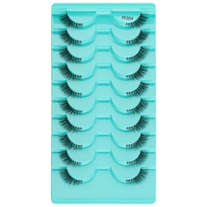 Top view of YK304 natural half-eyelash set with ten pairs on a turquoise display tray