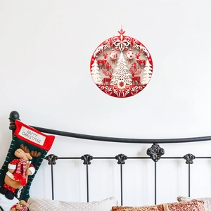 Christmas reindeer and tree wall decal in red and white cutout design for home decor