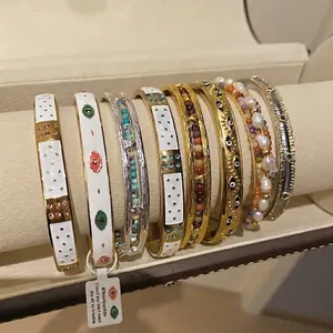 Bracelet Jonc Bohème Pour Femme Cuivre Plaqué Or Émail Mauvais Oeil Étoile Perles Bracelet Réglable Bijoux Ethniques Rétro