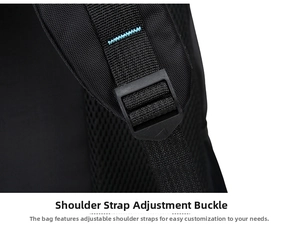 Detail of adjustable shoulder strap buckle with reinforced blue stitching on black backpack