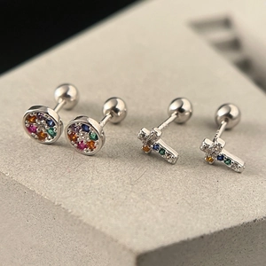 Silver 925 round and cross stud earrings with colorful zircon and screw back closure