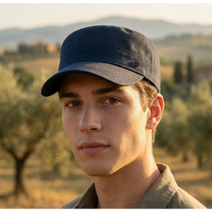Close-up of navy blue cadet cap showing high-density cotton fabric and side logo detail