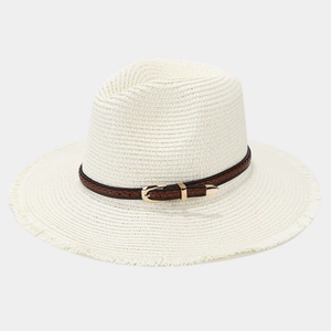 Stylish beige straw sun hat with woven leather band and metal buckle for beach vacation