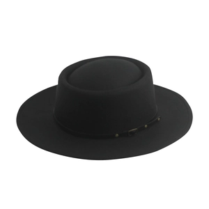 Detailed view of black wool fedora hat featuring a leather strap and metallic buckle