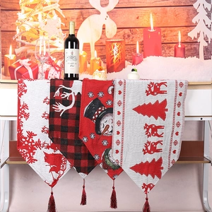 Christmas Table Runner Knitted Plaid Fabric Reindeer Snowman Pattern Festive Dining Table Decor Tassels Home Party