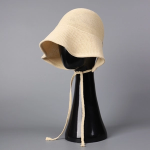 Breathable summer knit sun hat for women with elegant adjustable straps in cream beige