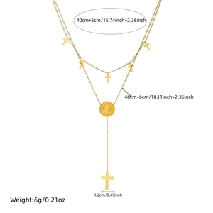 Double-layered gold stainless steel necklace with cross and St. Benedict coin pendants