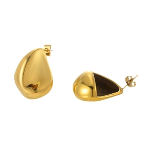 Polished golden teardrop stud earrings in stainless steel with a sleek C-shaped twist design