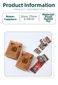 Detail of Capybara plush fabric with Christmas scarves and Rex rabbit fur texture