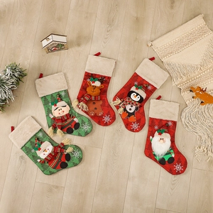 Set of 5 plush Christmas stockings with 3D Santa, Reindeer and Snowman on wood background