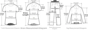 Detailed clothing size measurement guide for dresses, t-shirts, tops and trousers
