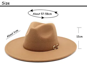 Detailed size specifications for the black wool fedora hat with a 9cm wide brim