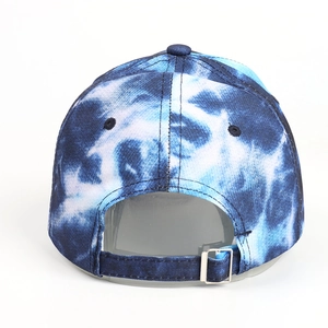 Detail view of the back of blue and white tie-dye baseball cap with metal buckle