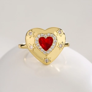 Heart Open Ring Gold Plated Copper Heart Shape Zircon Star Design Vintage Adjustable Fashion Jewelry For Women