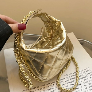 Women Mini Crossbody Bag PU Leather Quilted Rhombic Pattern Elegant Metal Chain Strap Party Casual Shoulder Handbag