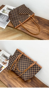 Detail view of brown checkerboard tote bag set with matching small zipper pouch