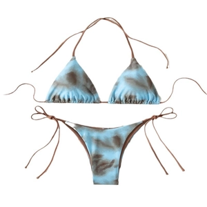 Lace-up blue and brown tie-dye bikini set with halter top and side-tie bottom