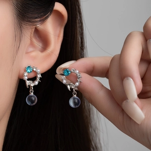 Fresh Mermaid Artificial Pearl Dangle Earrings Zinc Alloy Blue Crystal With 925 Sterling Silver Earring Post Elegant Women