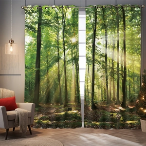 Detail view of forest sunlight pattern window curtains with high blackout fabric in living room
