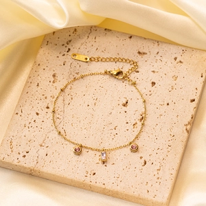 18K gold plated chain bracelet with pink round and purple rectangular gemstone pendants