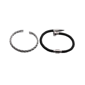Set of titanium steel braided bracelet and black cord bangle with silver nail clasp