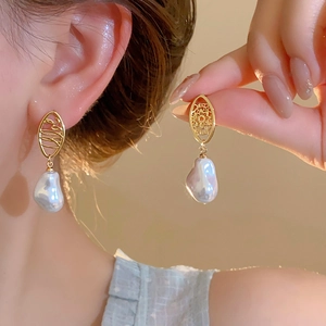 French Vintage Artificial Baroque Pearl Drop Earrings With 925 Sterling Silver Earring Post Gold Plated Hollow Geometric For Women