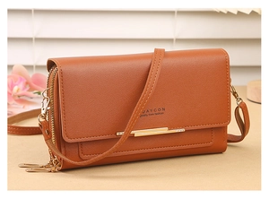 Detail of caramel lychee grain leather mobile phone crossbody bag with double zipper