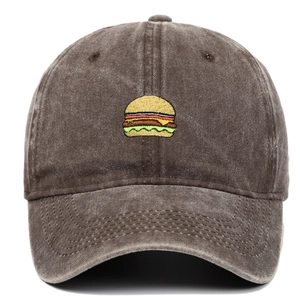 Close-up of burger embroidery on dark brown washed cotton vintage baseball cap