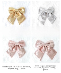 Glitter Christmas bows in yellow, silver, and pink with size and weight specifications
