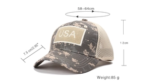 Detailed view of camo mesh baseball cap with USA patch and adjustable size dimensions