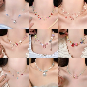 Collier À Perles Colorées Pendentif Étoile Fleur Cœur Alliage Acrylique Style Y2K Bijoux De Vacances Pour Femmes