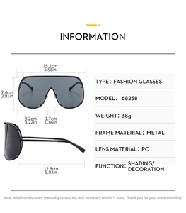 Detailed technical specifications and sizing dimensions for oversized fashion sunglasses