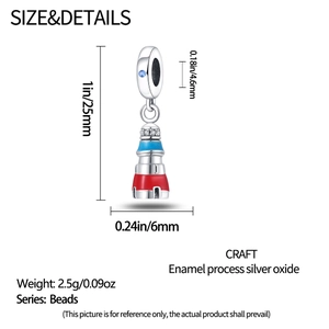Detailed view of silver lighthouse charm with enamel finish and size measurements