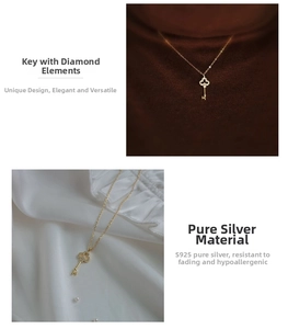 Detailed view of S925 sterling silver gold-plated key pendant necklace with sparkling diamonds